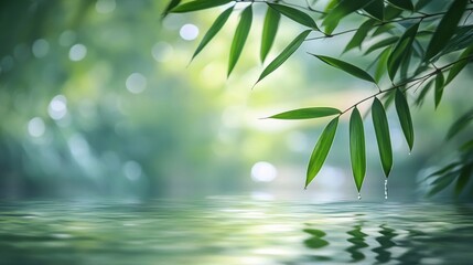 Bamboo Leaves and Water Drops - A Tranquil Scene