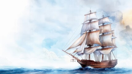 Fototapeta premium A majestic sailing ship glides through calm waters under a picturesque sky, embodying adventure and exploration.