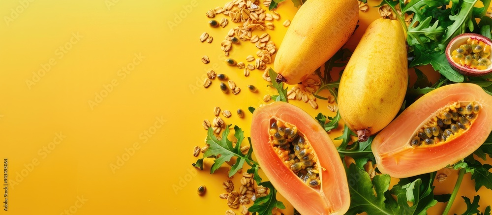 Wall mural Halved papayas rucola and granola with copy space set on a yellow background alongside slices of sweet papaya and passion fruit