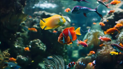 Obraz premium Seascape view of Colorful fishes in the blue ocean. Tropical sea underwater fishes on coral reef. Aquarium oceanarium wildlife colorful marine panorama landscape