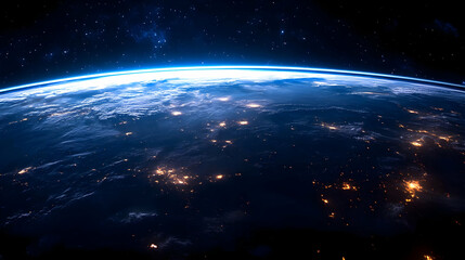 A breathtaking view of Earth from space, with the glow of city lights illuminating the dark landscape.