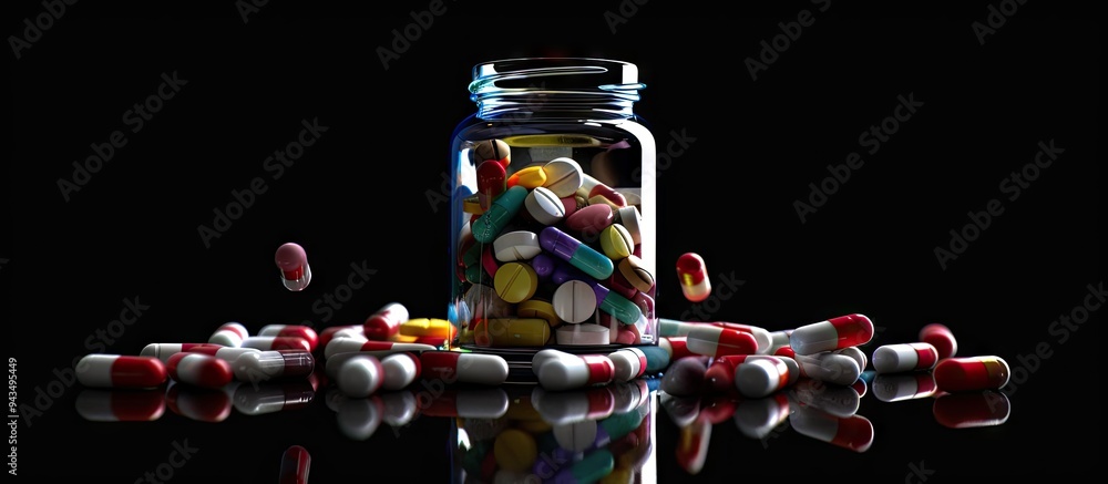 Poster colorful pills in a glass jar on a black background with copy space image
