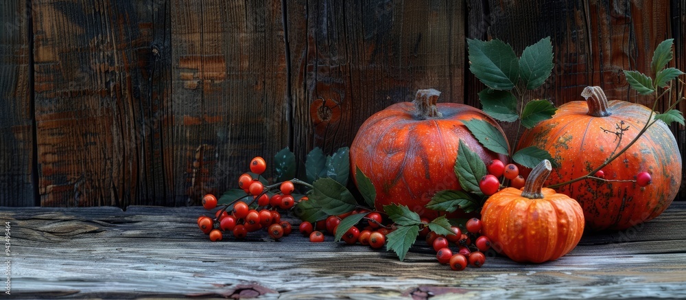 Poster fall themed still life with pumpkins and berries on a rustic wooden backdrop showcasing a vibrant sc