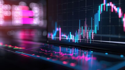 Close-up of a stock market chart with glowing candlestick graphs and digital interface, representing financial growth and analysis.