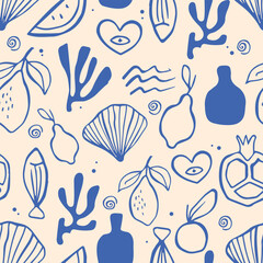 Mediterranean modern seamless patern with sketch style illustrations
