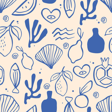 Mediterranean modern seamless patern with sketch style illustrations