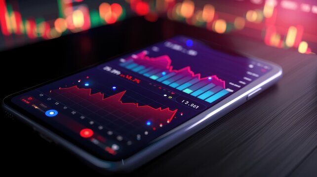 Close-up of smartphone displaying colorful stock market data with dynamic graphs and charts on a blurred background.