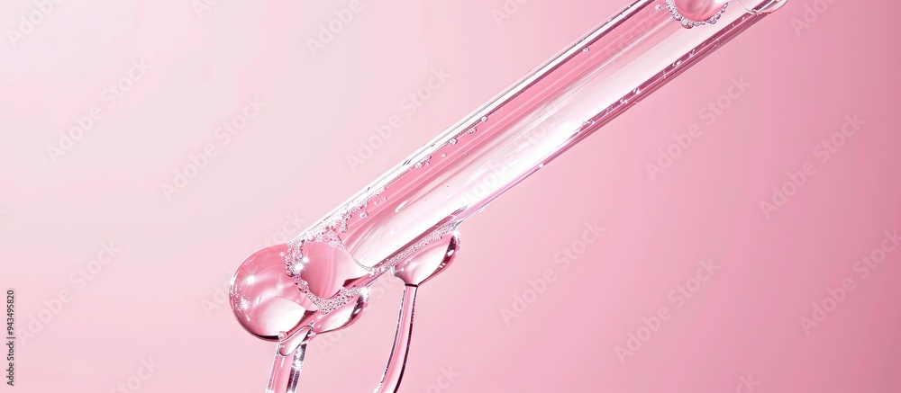 Poster close up of a glass pipette containing a transparent liquid over a light pink background with an ava