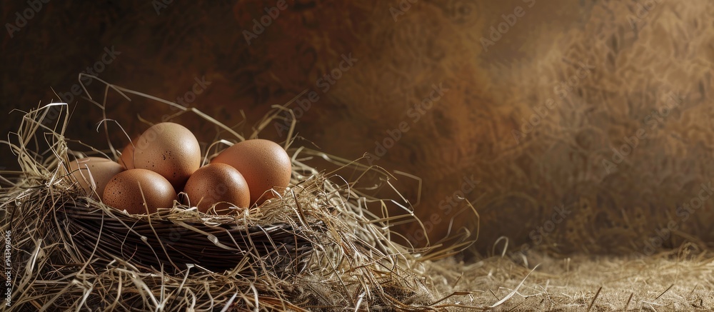 Poster wicker basket holding fresh chicken eggs set on a dried straw bale with copy space image available