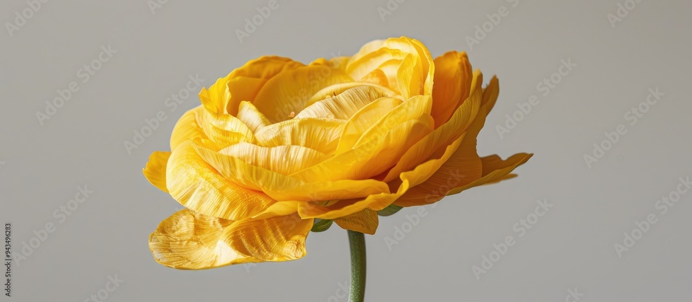 Poster Close up of a caustic Buttercup Ranunculus acris with yellow spring blooms against a plain background for copy space image