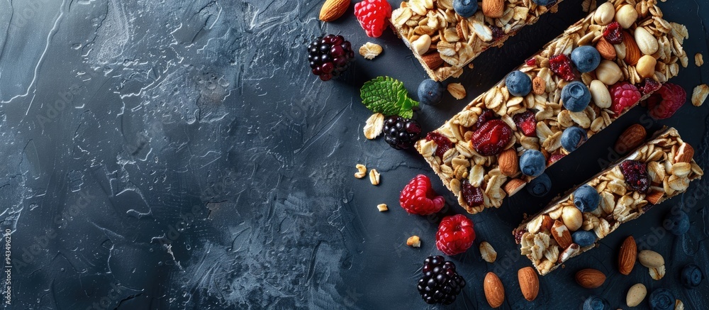 Poster A nutritious snack option for health conscious individuals an assortment of granola bars filled with nuts and berries displayed in a top view copy space image