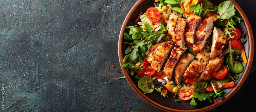 Poster crispy chicken fresh veggies and cheese on a salad with room for a copy space image