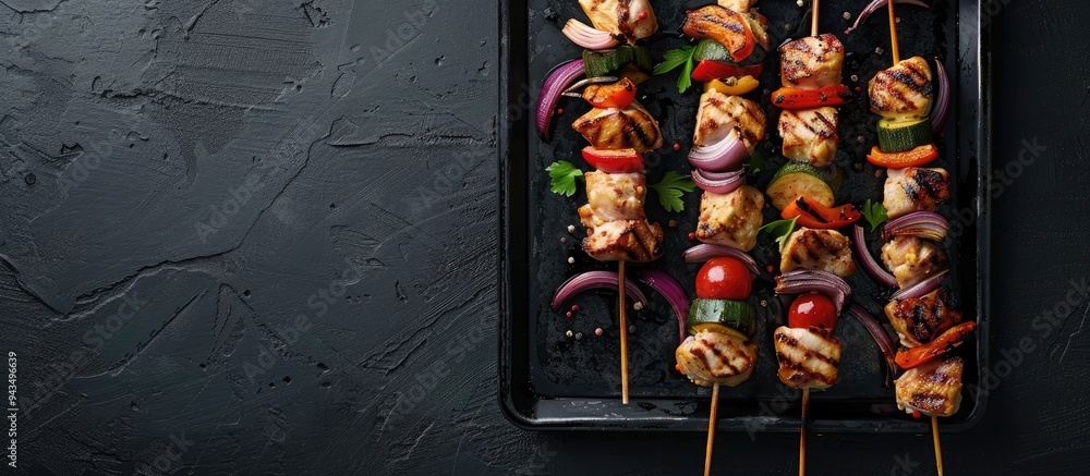 Poster chicken kebab skewers with grilled vegetables on a black metal tray viewed from above with space for
