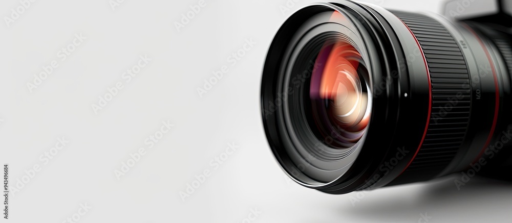 Poster close up of a contemporary camera lens on a white backdrop with ample space for adding text