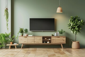 Minimalist Vintage Living Room Interior with Television and Display Cabinet on Wooden Floor and Pastel Green Walls