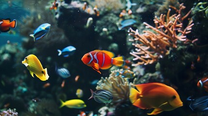 Obraz premium Seascape view of Colorful fishes in the blue ocean. Tropical sea underwater fishes on coral reef. Aquarium oceanarium wildlife colorful marine panorama landscape