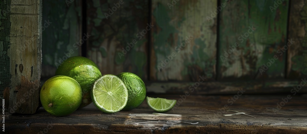 Poster Whole and halved limes on a rustic wooden table displaying the interior with visible copy space image