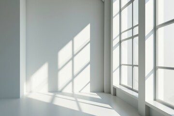 Fototapeta premium Minimalist White Room Interior with Sunlit Corner and Abstract Architecture