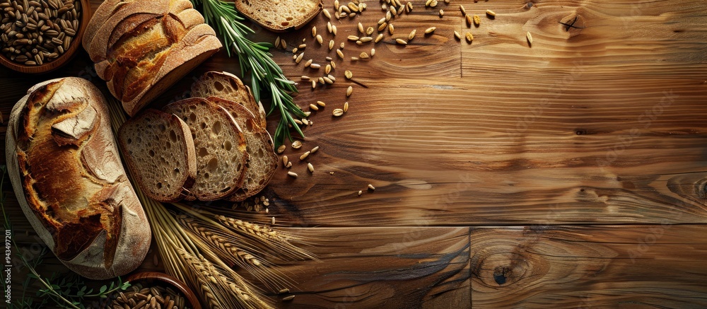 Aufkleber wooden background with sliced bread wheat grains and thyme creating a picturesque copy space image