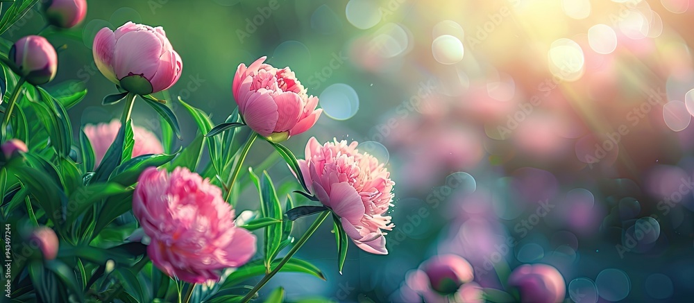 Poster a beautiful close up image of pink peonies blooming in a spring garden with a green background and l