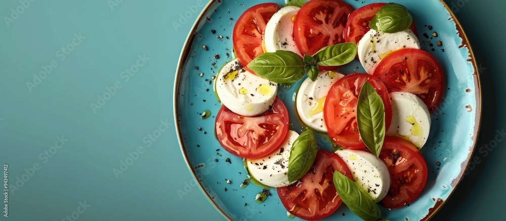 Poster top down view of a caprese salad served on a blue plate resembling the colors of the italian flag wi