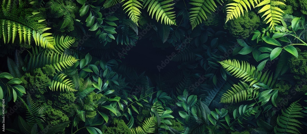 Poster dark forest background with green fern leaves in the copy space image creates a natural summer flori