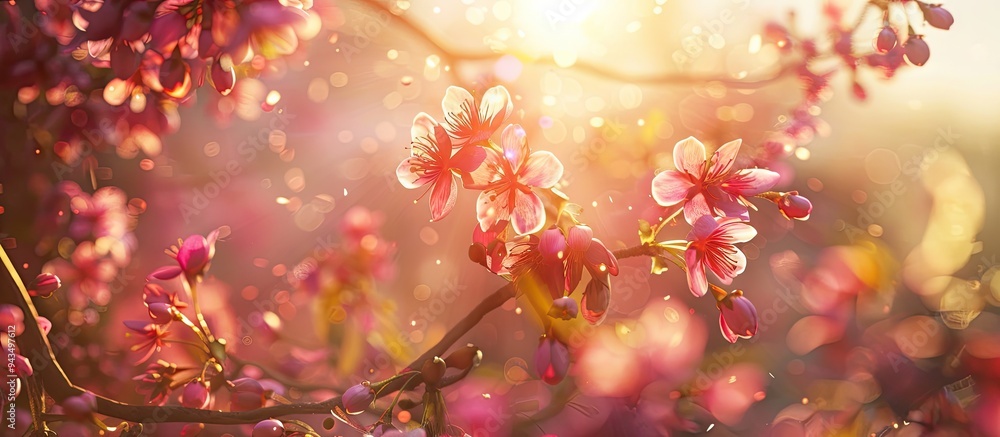 Aufkleber blossoming cherries on a tree in the sunlight surrounded by nature creating a picturesque scene with