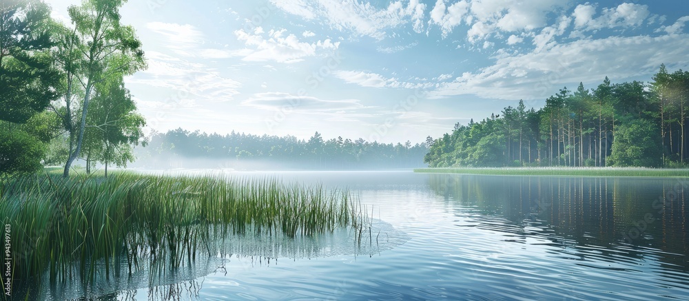 Aufkleber a serene lake surrounded by tall reeds with a picturesque forest area on the opposite shore ideal fo