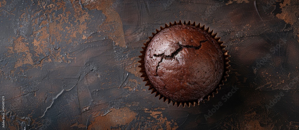 Poster chocolate muffin displayed on a rustic table with a background ideal for copy space image