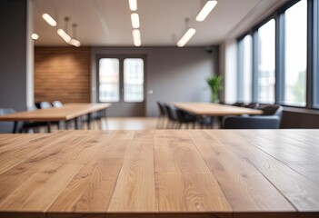 Empty wooden table top in front of a blurred background, showcasing a stylish office meeting area, ideal for business advertising presentations, ai