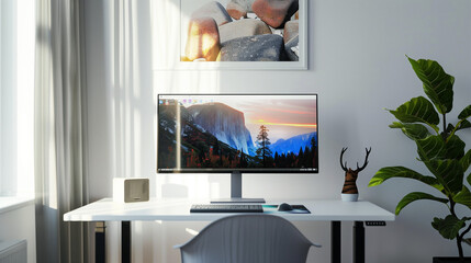 A sleek home office setup featuring a large monitor, plant, and minimalist decor in a bright room