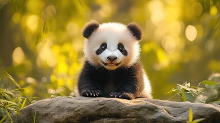 Obraz premium Charming Baby Panda Sitting on a Stone