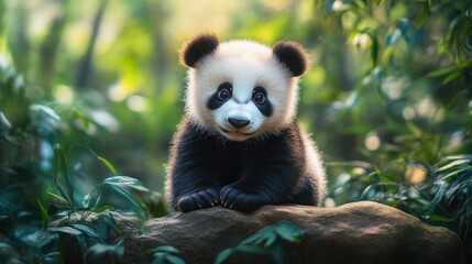 Obraz premium Baby Panda Relaxing in Lush Forest Setting