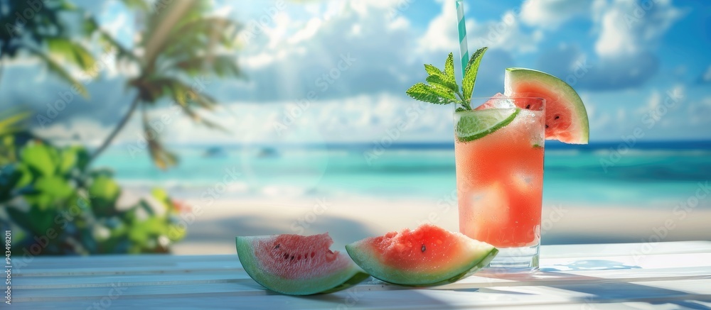Poster watermelon slices and a cocktail with mint in a glass set on a white table with a blurred exotic bea