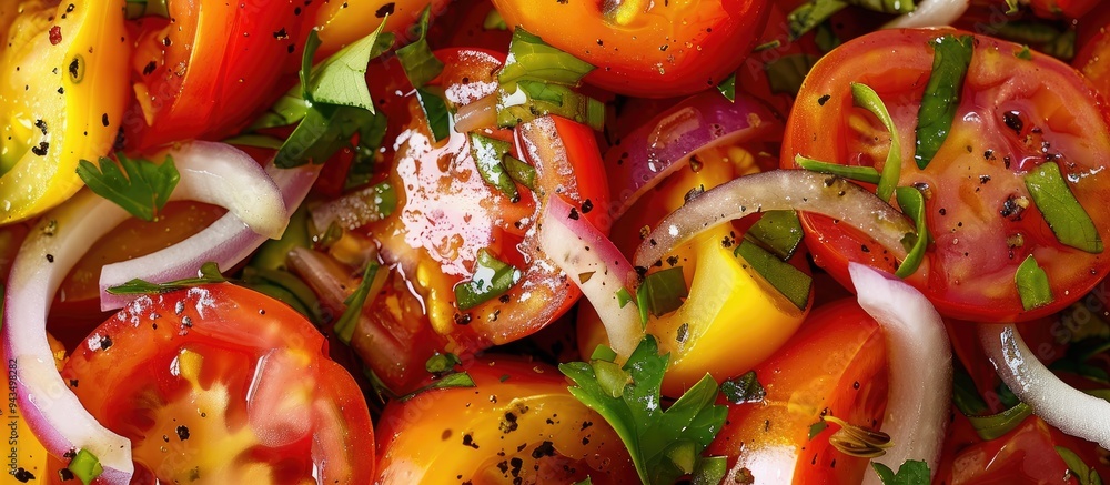 Poster chopped tomato salad with onion in a vinaigrette dressing presented in a refreshing vibrant dish for
