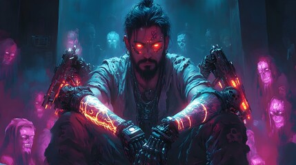 King with Glowing Tattoos and Mechanical Arms Sitting in Neon-Lit Chamber