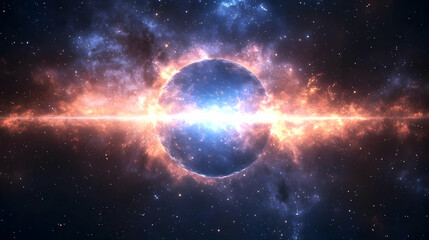 A bright blue star explodes in a fiery spectacle of cosmic energy, surrounded by swirling clouds of gas and dust, against a backdrop of twinkling stars.