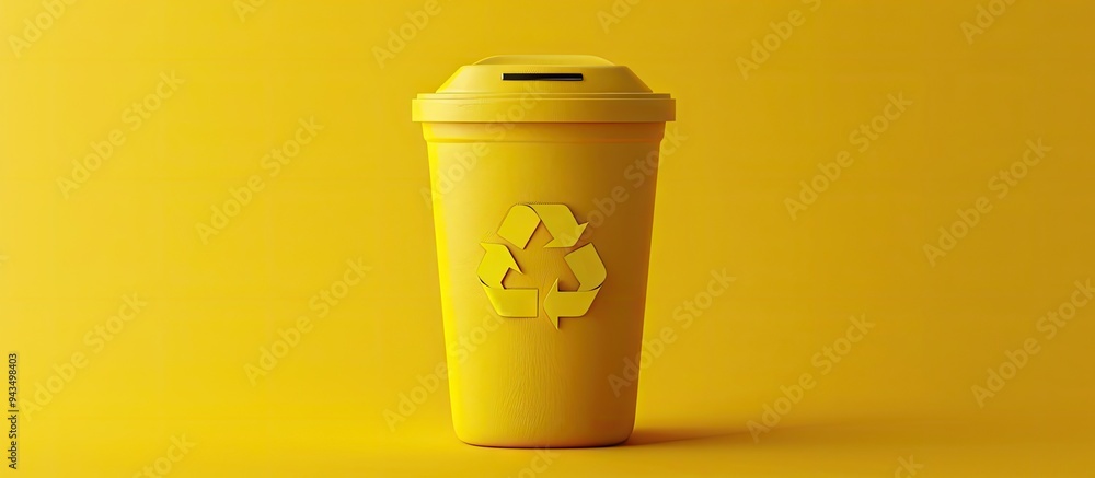 Poster A small trash can is placed against a backdrop of bright yellow with ample copy space image