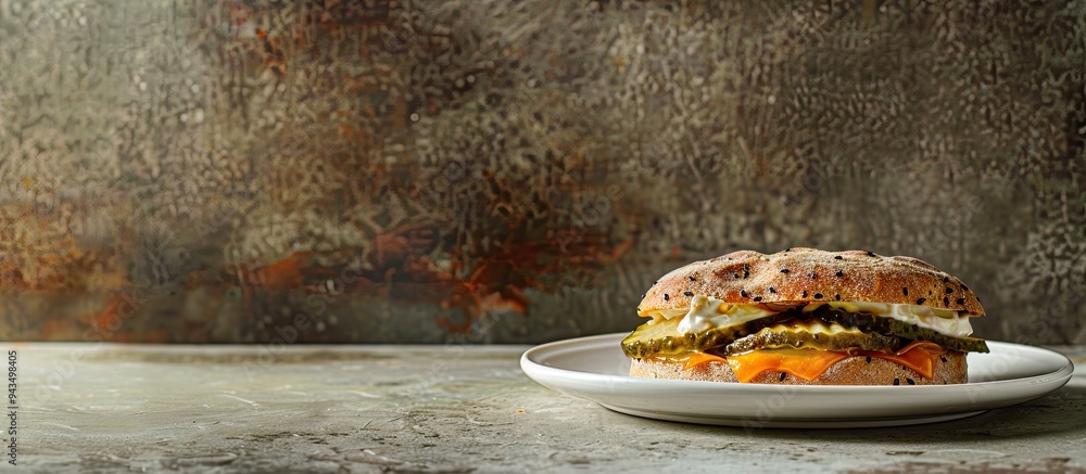 Poster plate featuring a homemade pickle sandwich with mayo and cheese captured from the side with copy spa