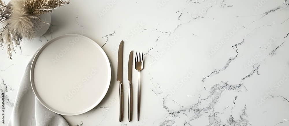 Fototapete Top view of a white marble table with an empty menu cutlery plate napkin and dry spikes ideal as a mockup for design in a copy space image