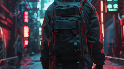 Fototapeta premium Close-up of a person with a large backpack in a neon-lit, futuristic urban alleyway at night