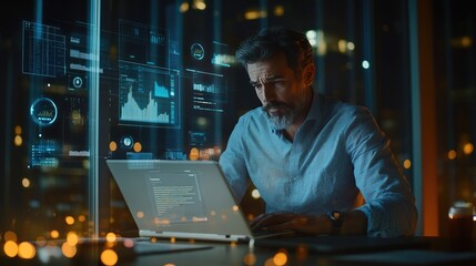 Obraz premium Focused businessman working late, analyzing financial data on a laptop in a modern office, with city lights glowing in the background..