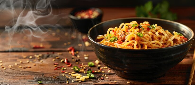 Instant Masala Maggi displayed on dark wood with copy space image