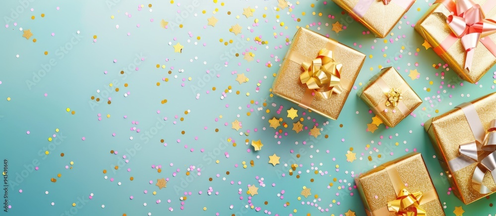 Leinwandbilder Top view of golden gift boxes and confetti on a colorful background with space for adding images. Creative banner. Copyspace image