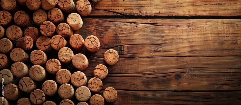 Poster Top view of wine corks arranged like grapes on a wooden table with available copy space image