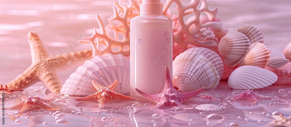 Poster Summer skincare products featuring a moisturizing fluid in an unbranded bottle set against a table decorated with summer motifs like seashells and starfish creating an isolated background for a copy s