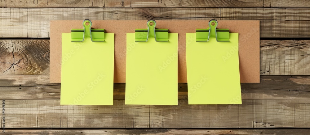 Aufkleber a collection of five lemon green sticky notes placed on a brown clipboard or plywood board with ampl