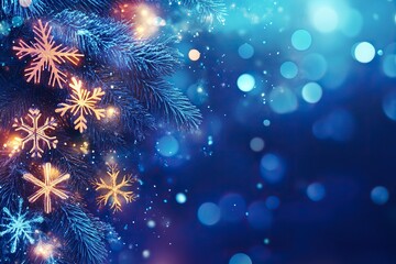 MErry Christmas and Happy New Year design with snowflakes and lights. Shining winter background.generative ai