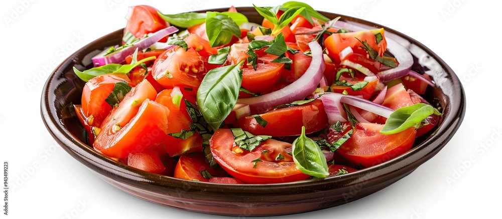 Poster chopped tomato salad with onion in a vinaigrette dressing presented in a refreshing vibrant dish for