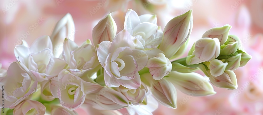 Poster a close up image featuring tuberose flowers with copy space included